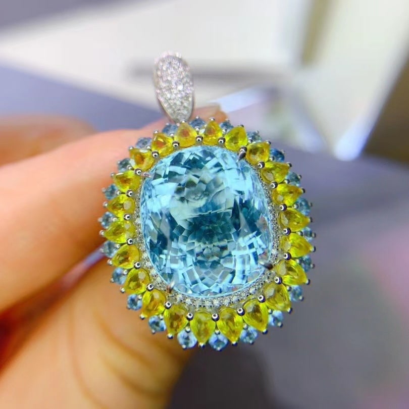 14k Gold 16.26 Ctw Natural Aquamarine & Sapphire Ring/pendant( Without Chain ) - 5