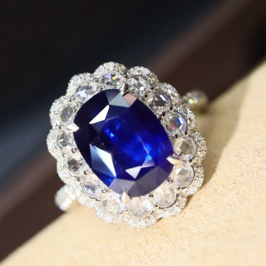 14k Gold 4.39 Ctw Natural Sapphire & Diamond Ring: Ref:230937095 // gold content:14k gold // ring size:7. 25us // // main gemstone:sapphire // shape:cushion // carat weight:3. 62ct // color:royal blue // treatment:natural // // adjacent gemstone 2