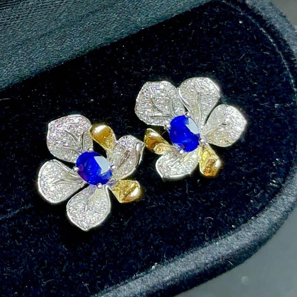14k Gold 0.9 Ct Natural Sapphire & Diamond & Flowers Earrings - 3