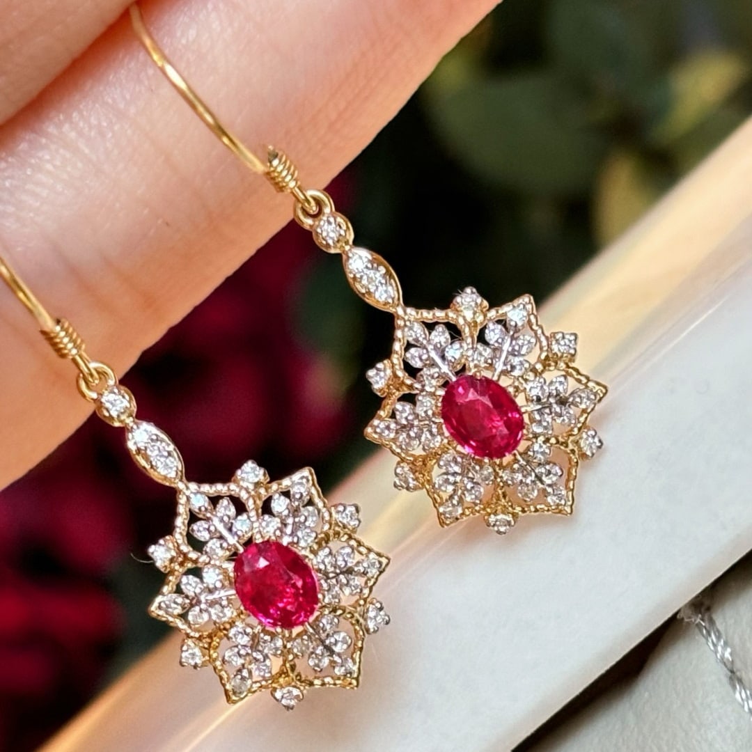 14k Gold 0.5 Ct Natural Ruby & Diamond Earrings - 2