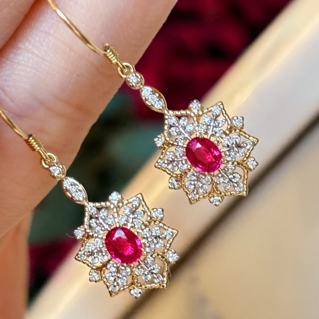 14k Gold 0.5 Ct Natural Ruby & Diamond Earrings - 4