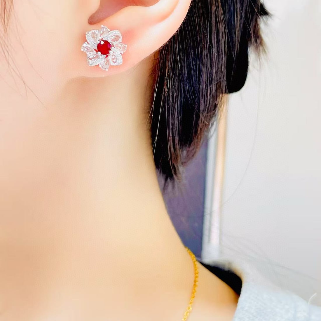 14k Gold 0.5 Ct Natural Ruby & Diamond & Sapphire Earrings - 4