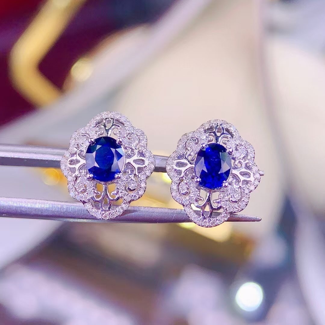 14k Gold 1.3 Ct Vivid Blue Natural Sapphire & Diamond Earrings - 3