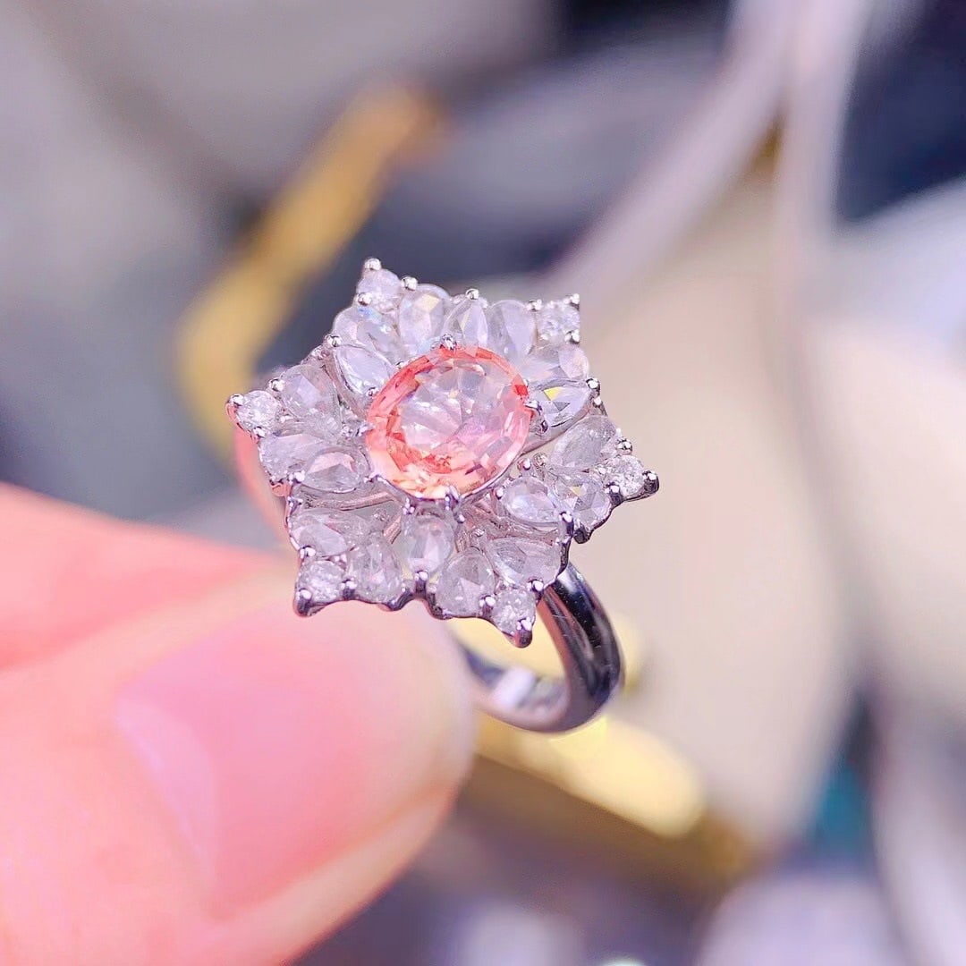 14k Gold 0.74 Ct Natural Padparadscha Sapphire & Diamond Ring - 2