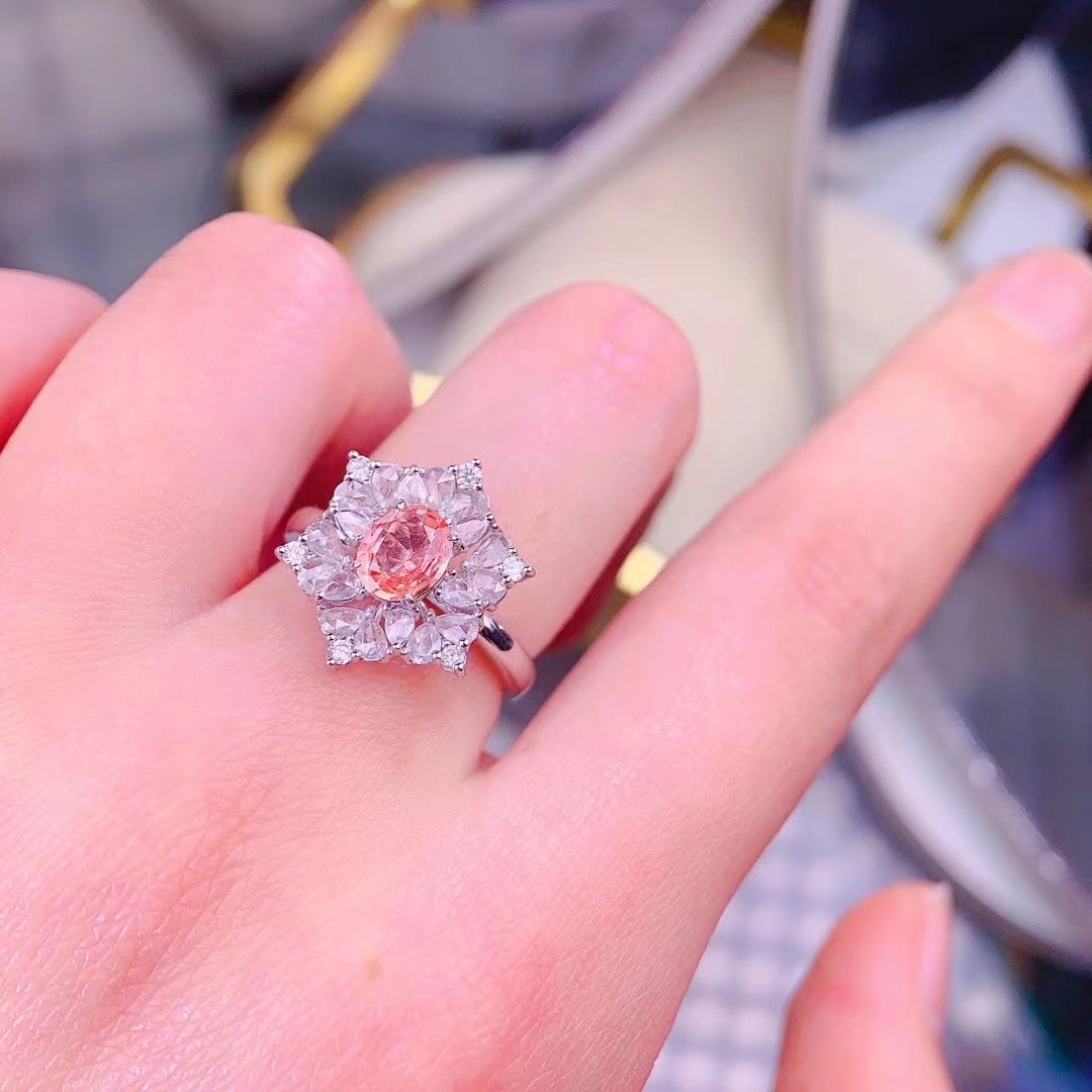 14k Gold 0.74 Ct Natural Padparadscha Sapphire & Diamond Ring - 5