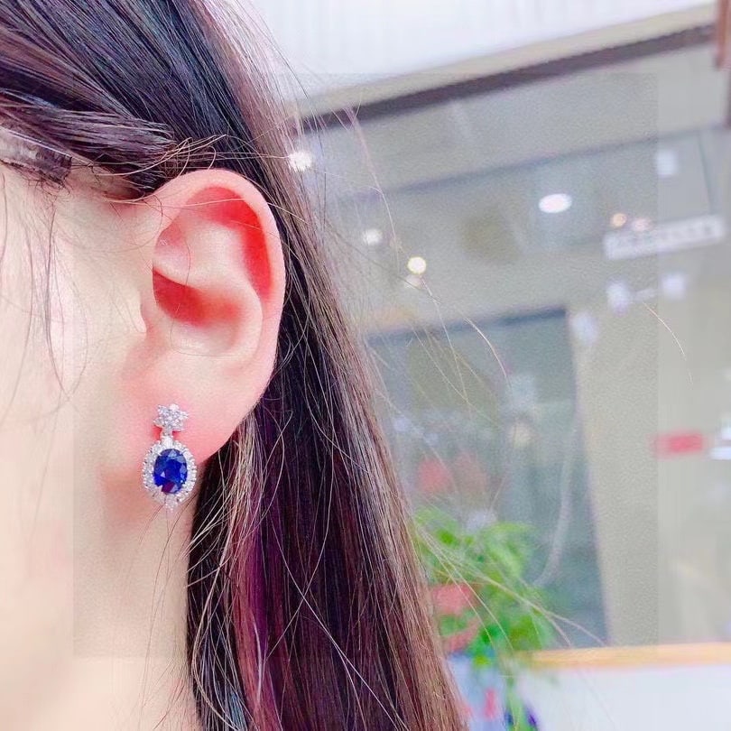 14k Gold 1.67 Ct Natural Sapphire & Diamond Earrings - 7