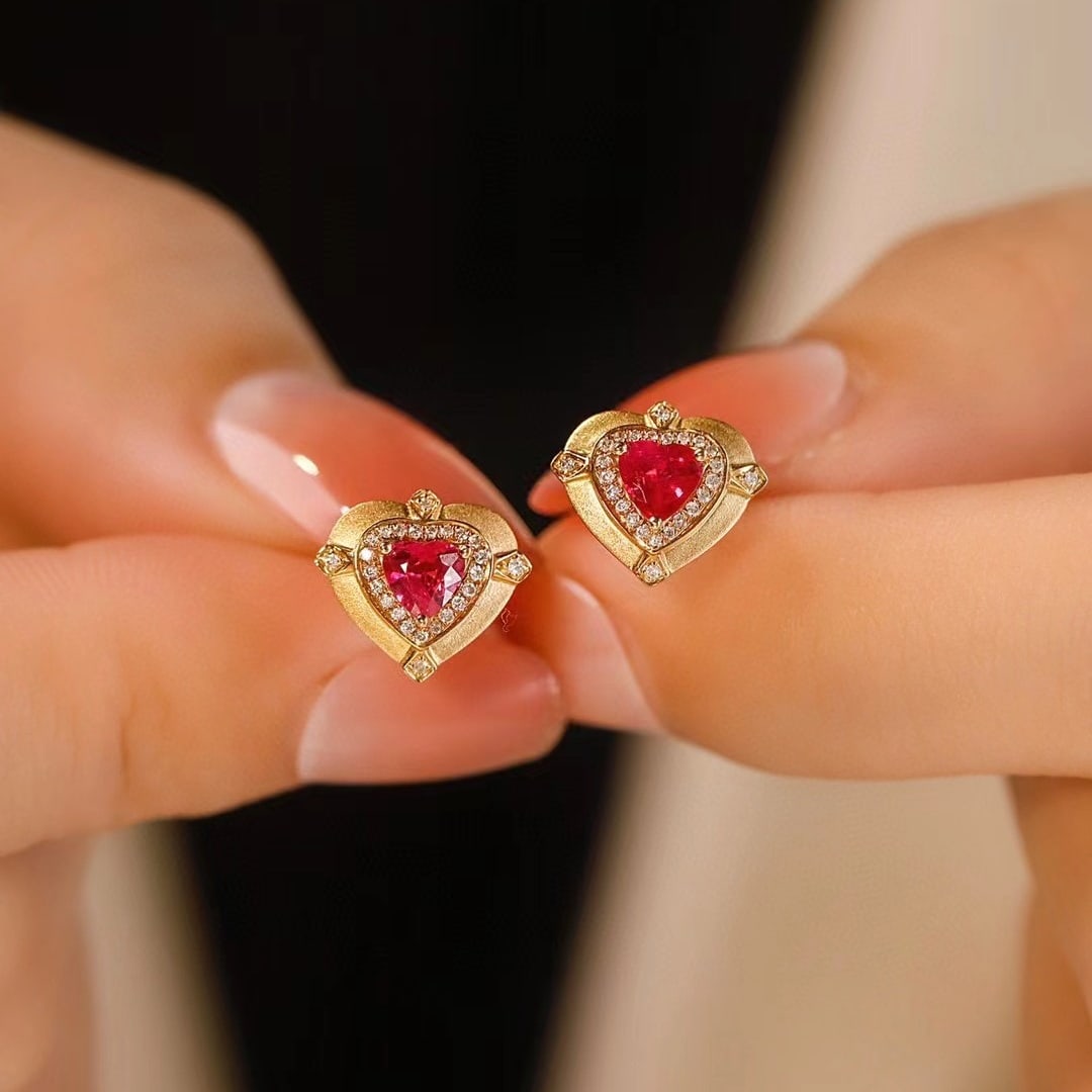 14k Gold 0.62 Ctw Natural Ruby & Diamond Earrings - 2