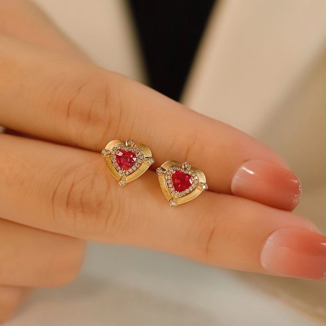 14k Gold 0.62 Ctw Natural Ruby & Diamond Earrings - 4