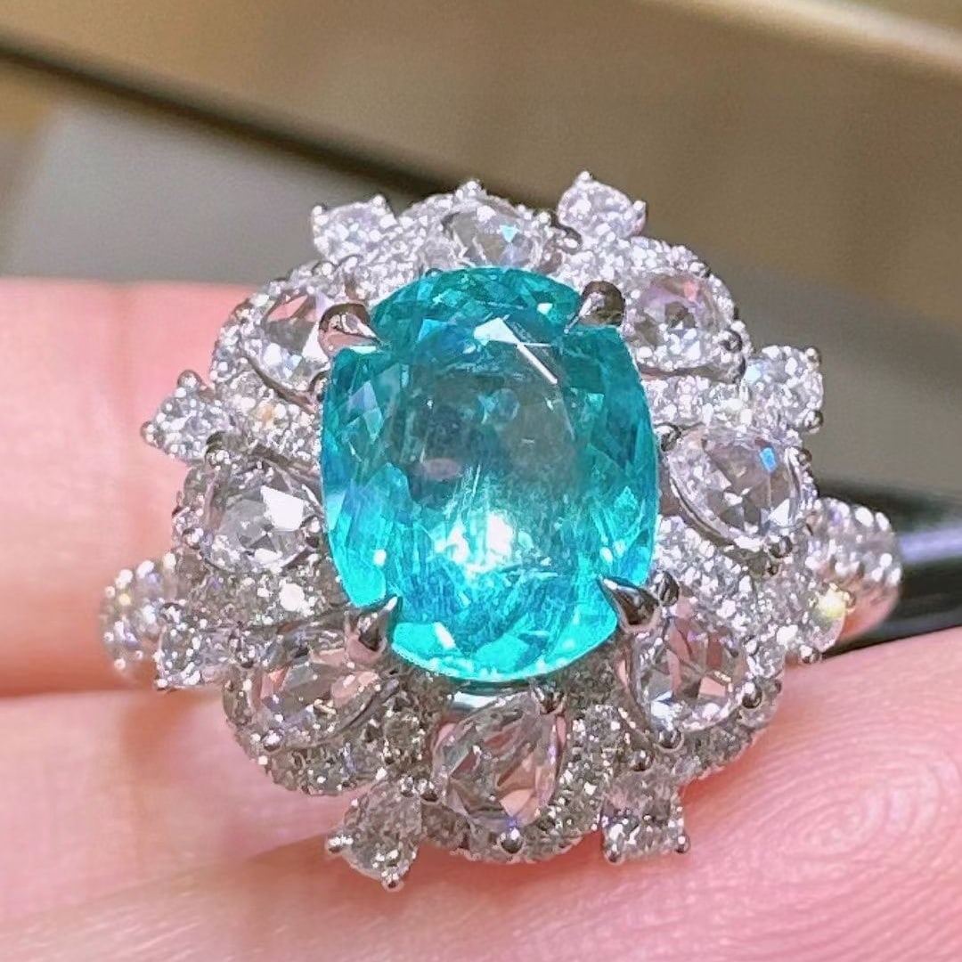 14k Gold 2.58 Ctw Natural Paraiba Tourmaline & Diamond Ring/pendant( Without Chain ): Ref:230937172 // gold content:14k gold // ring size:7. 25us // // main gemstone:paraiba tourmaline // shape:oval // carat weight:1. 50ct // color:blue // treatment:natural // // adjacent gemstone