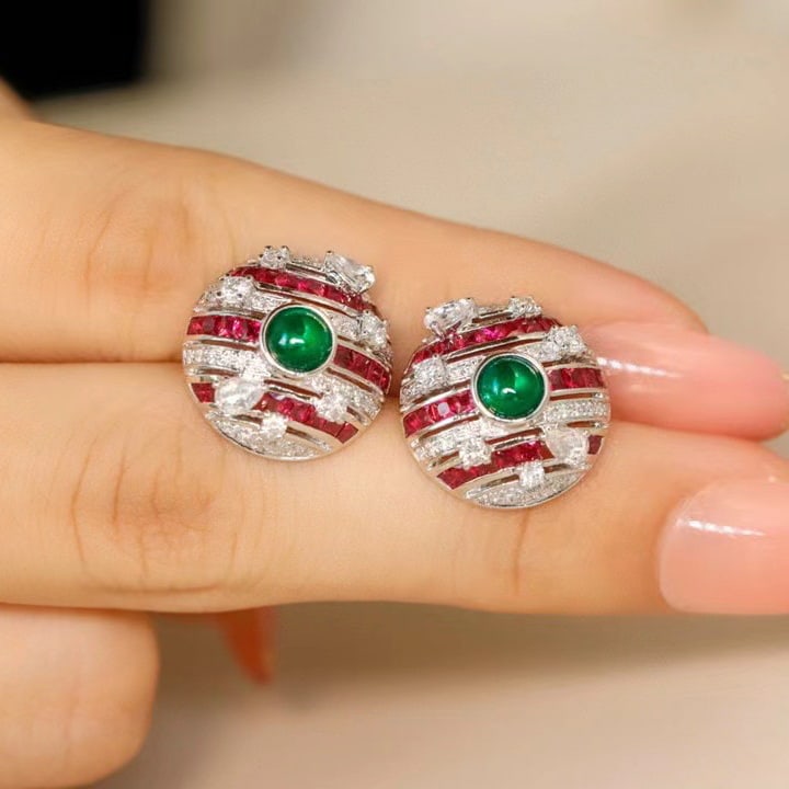 14k Gold 2.46 Ctw Vivid Green Natural Emerald & Ruby Earrings - 6