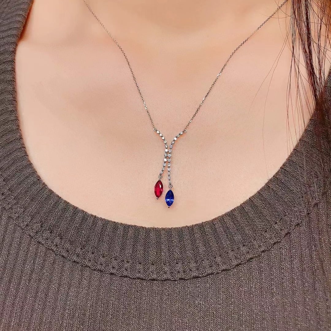 14k Gold 1.50 Ctw Natural Ruby & Sapphire & Diamond & Toi Et Moi Necklace - 2