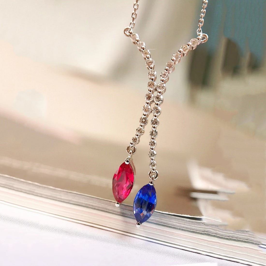 14k Gold 1.50 Ctw Natural Ruby & Sapphire & Diamond & Toi Et Moi Necklace - 3
