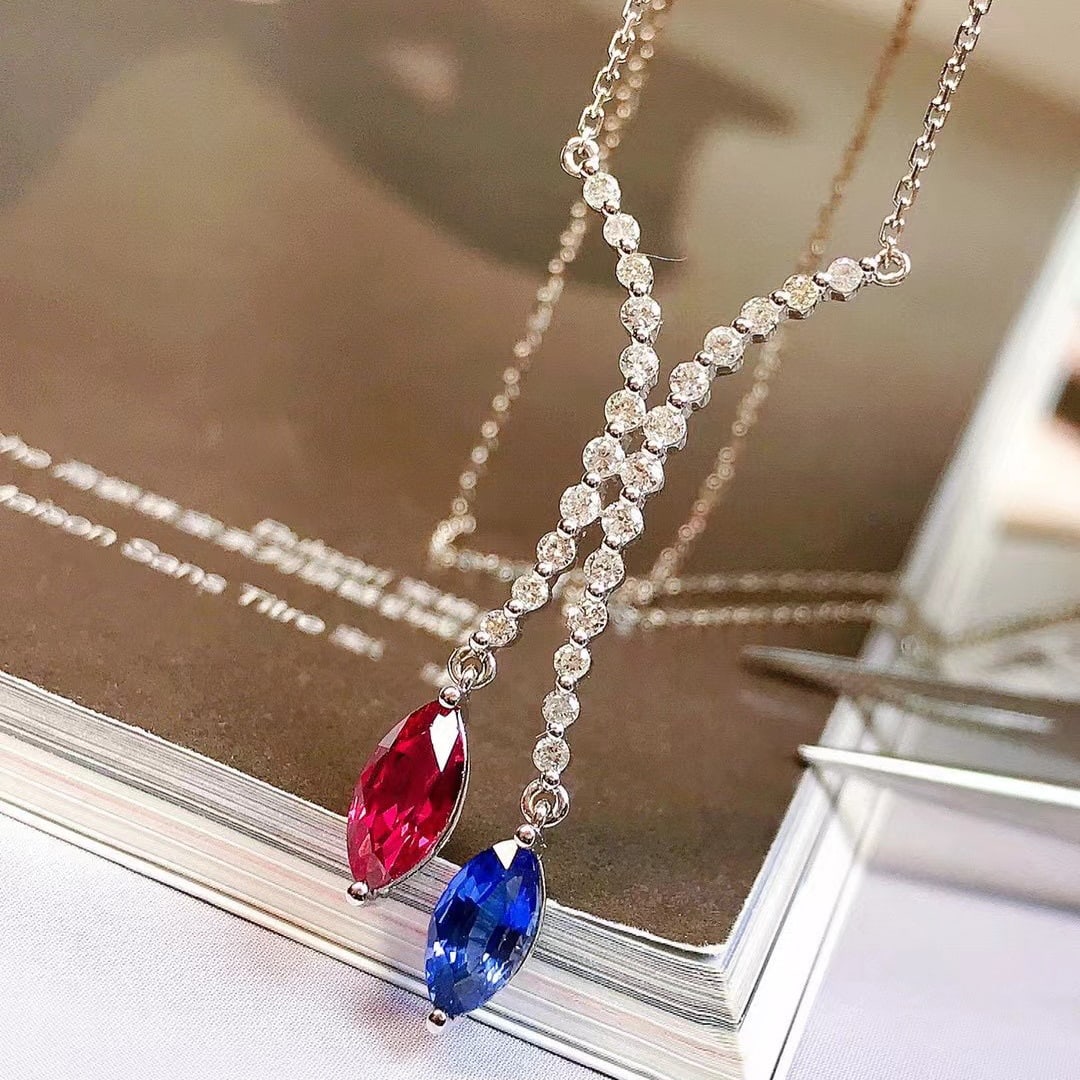 14k Gold 1.50 Ctw Natural Ruby & Sapphire & Diamond & Toi Et Moi Necklace - 4