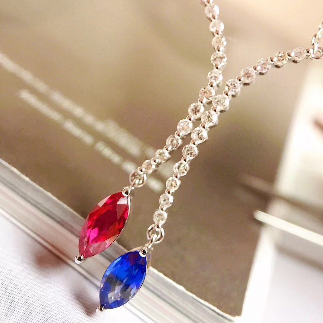 14k Gold 1.50 Ctw Natural Ruby & Sapphire & Diamond & Toi Et Moi Necklace - 5