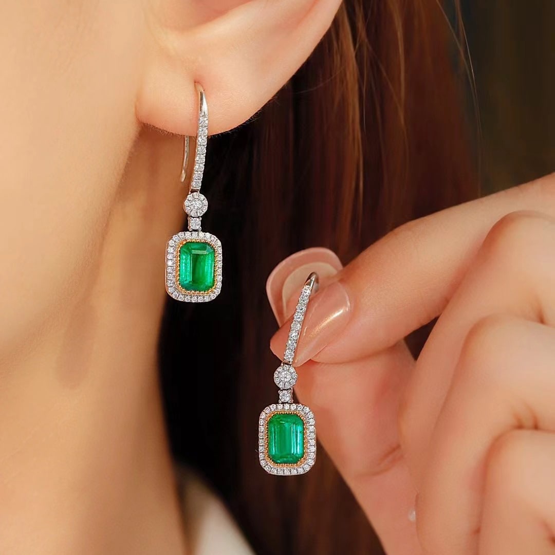 14k Gold 2.24 Ctw Vivid Green Natural Emerald & Diamond Earrings - 2