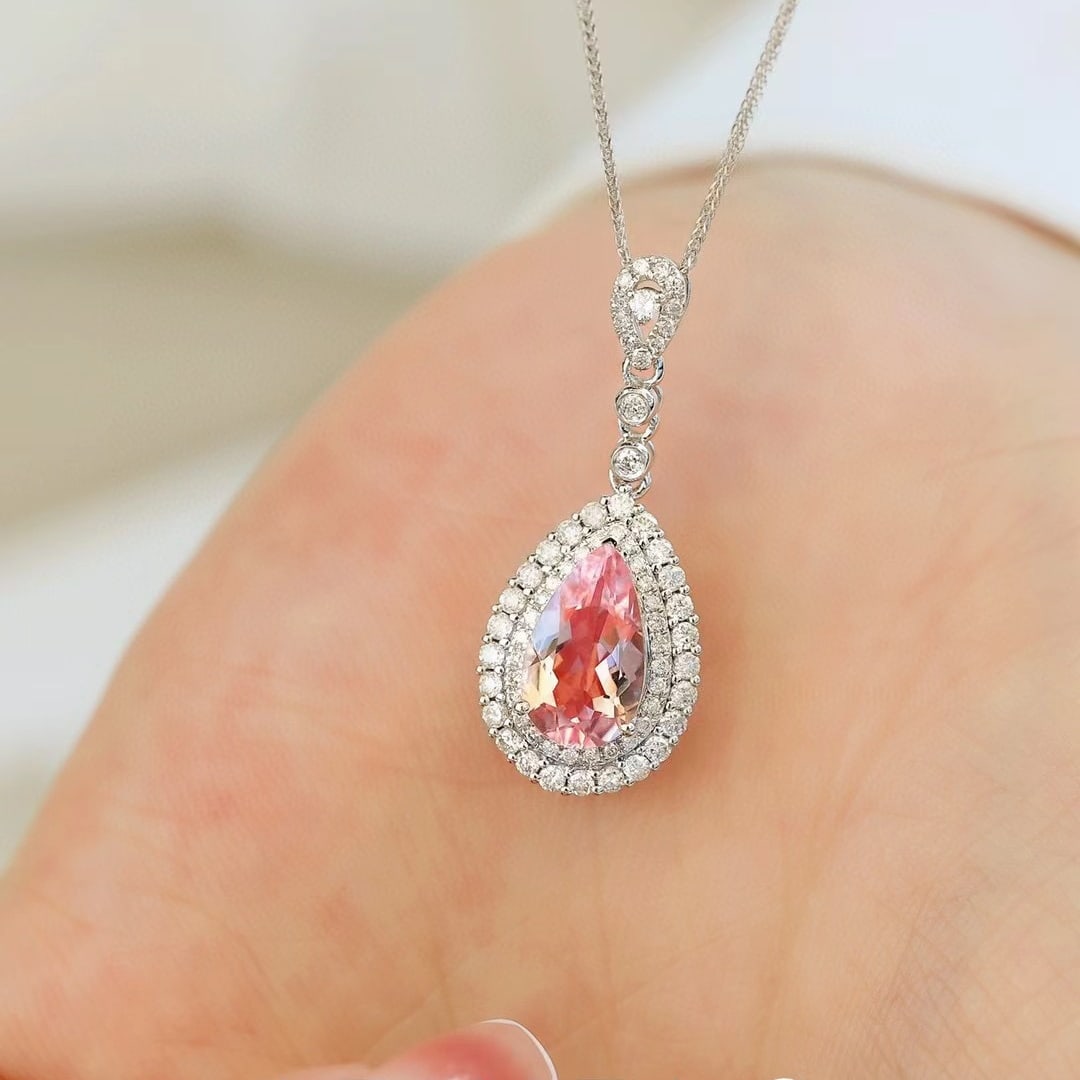 14k Gold 1.49 Ctw Natural Morganite & Diamond Necklace - 2