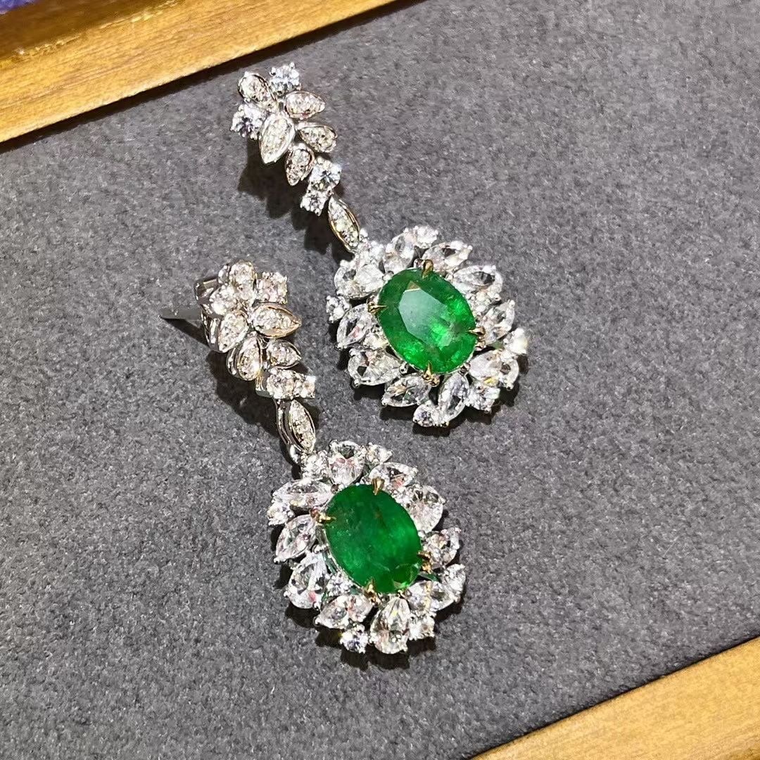 14k Gold 5.23 Ctw Vivid Green Natural Emerald & Sapphire Earrings - 2