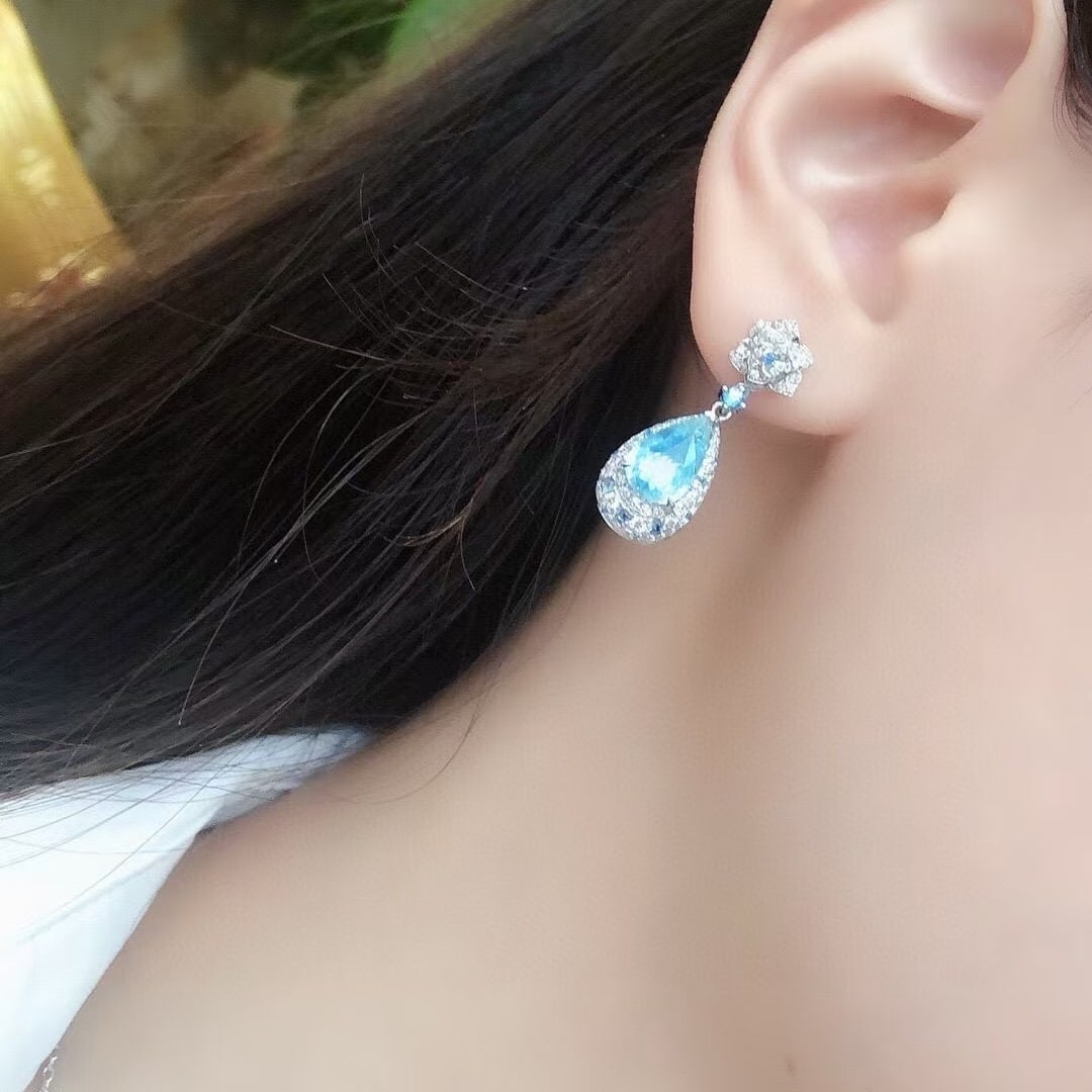 14k Gold 3.28 Ctw Natural Paraiba Tourmaline & Diamond Earrings - 2