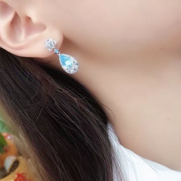 14k Gold 3.28 Ctw Natural Paraiba Tourmaline & Diamond Earrings - 3