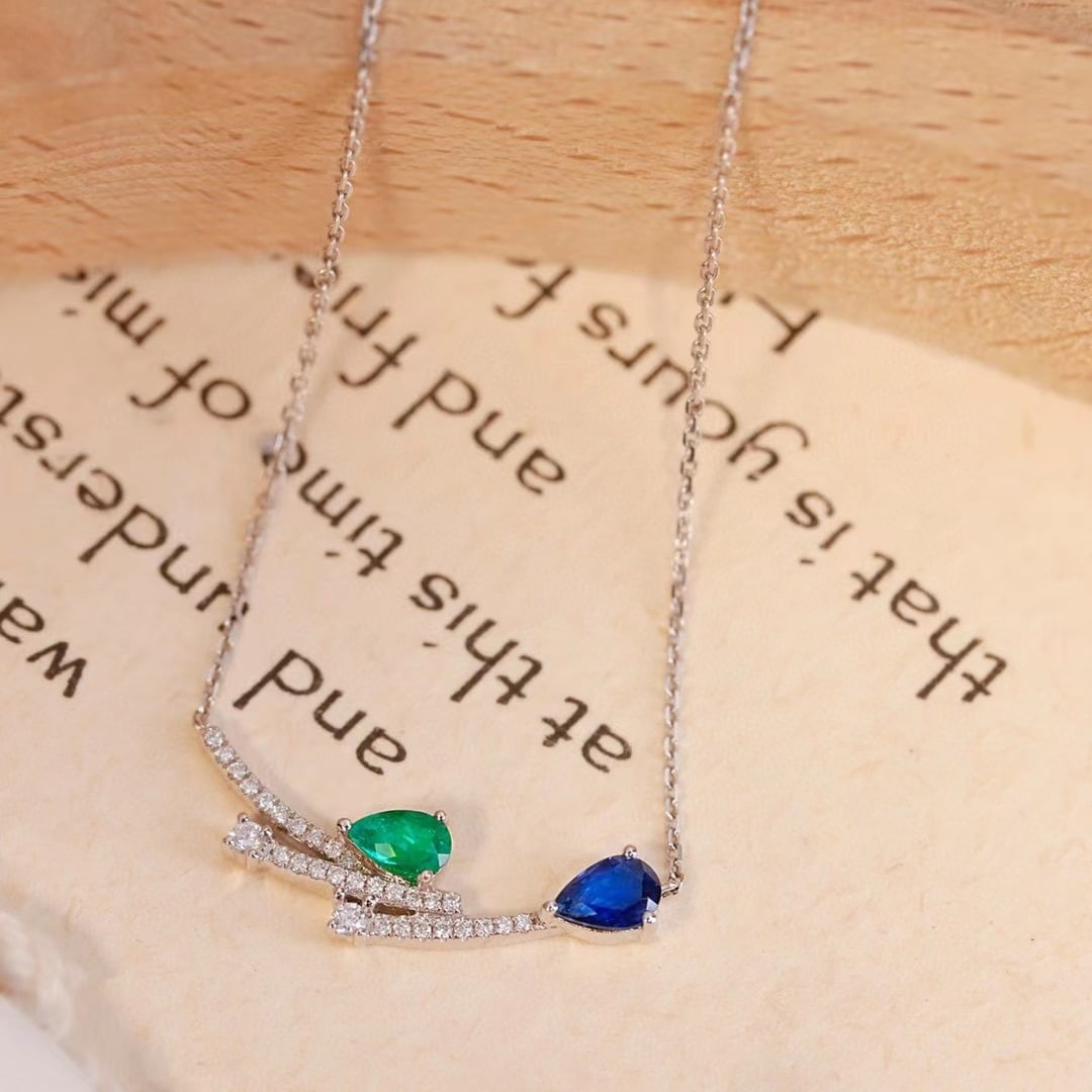 14k Gold 0.52 Ctw Natural Sapphire & Emerald & Toi Et Moi Necklace - 3