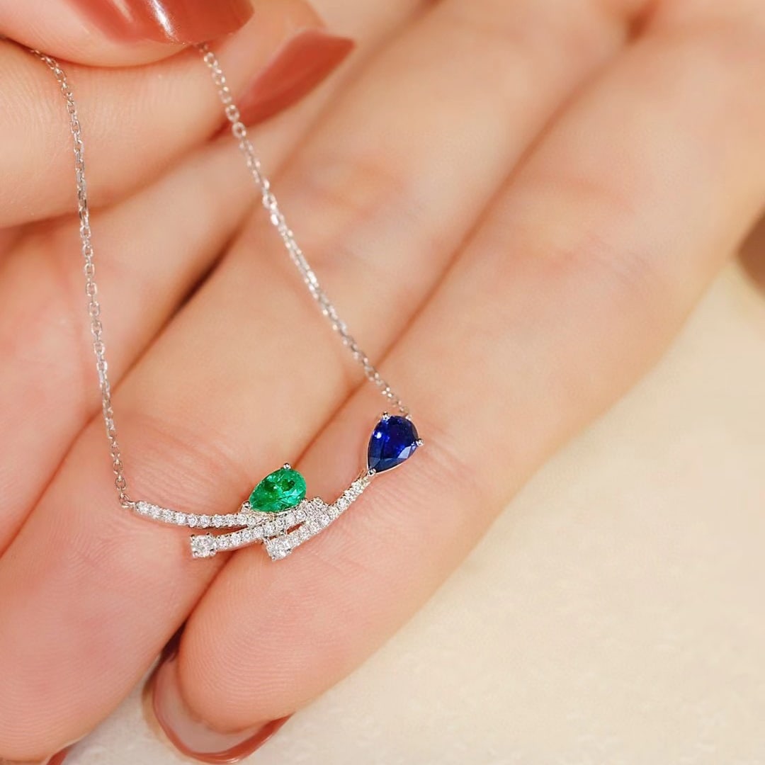 14k Gold 0.52 Ctw Natural Sapphire & Emerald & Toi Et Moi Necklace - 4