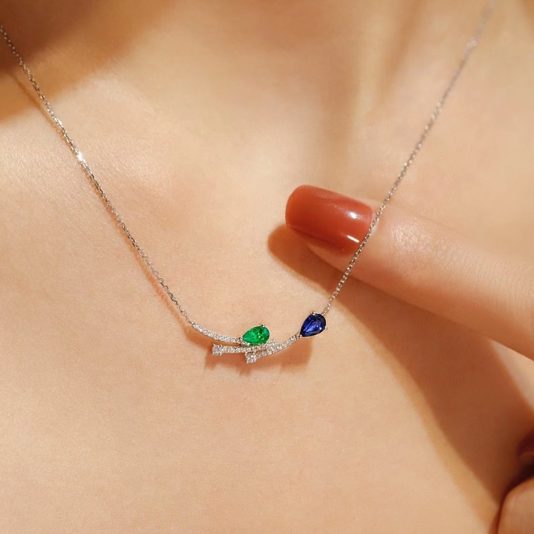 14k Gold 0.52 Ctw Natural Sapphire & Emerald & Toi Et Moi Necklace - 5
