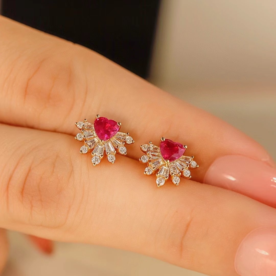 14k Gold 1.07 Ctw Natural Ruby & Diamond Earrings - 3