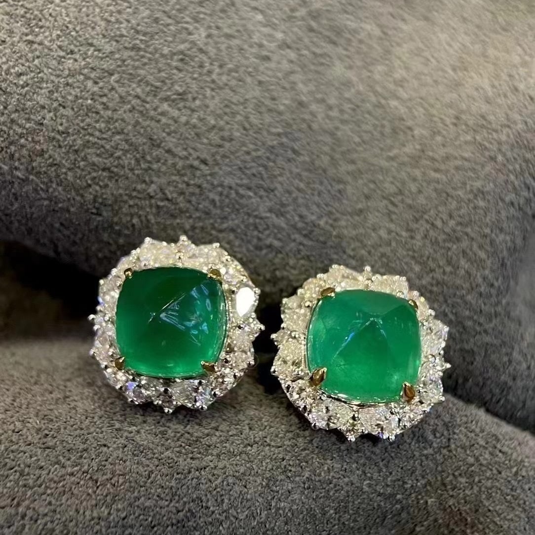 14k Gold 7.58 Ct Natural Emerald & Diamond Earrings - 2