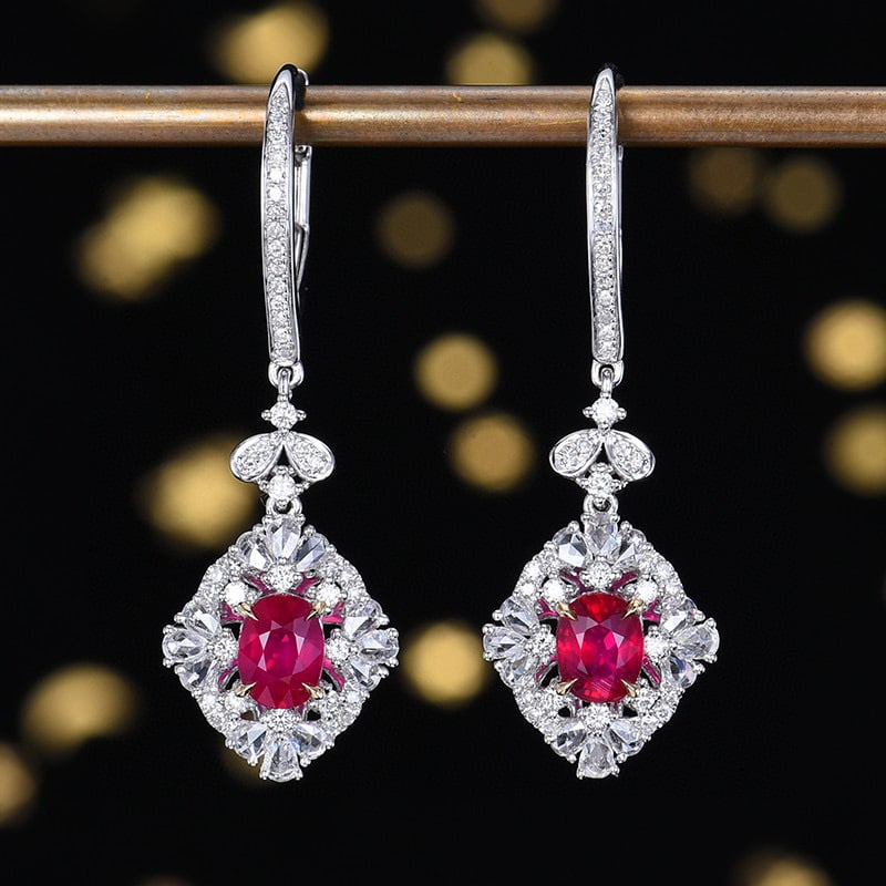 14k Gold 1.96 Ctw Natural Ruby & Diamond Earrings: Ref:230937231 // gold content:14k gold // main gemstone:ruby // shape:oval // carat weight:1. 21ct // color:pigeonblood red // treatment:natural // // adjacent gemstone 2 : diamond // number of