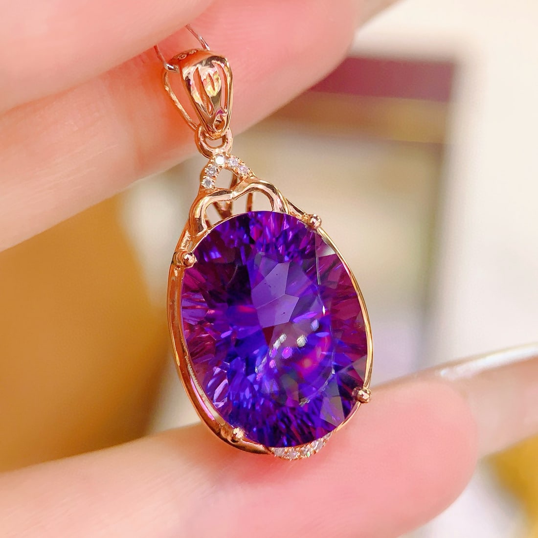 14k Gold 9.78 Ctw Natural Amethyst & Diamond Pendant( Without Chain ): Ref:230937239 // gold content:14k gold // main gemstone:amethyst // shape:oval // carat weight:9. 75ct // color:purple // treatment:natural // // adjacent gemstone 2 : diamond // number of stones:10 /