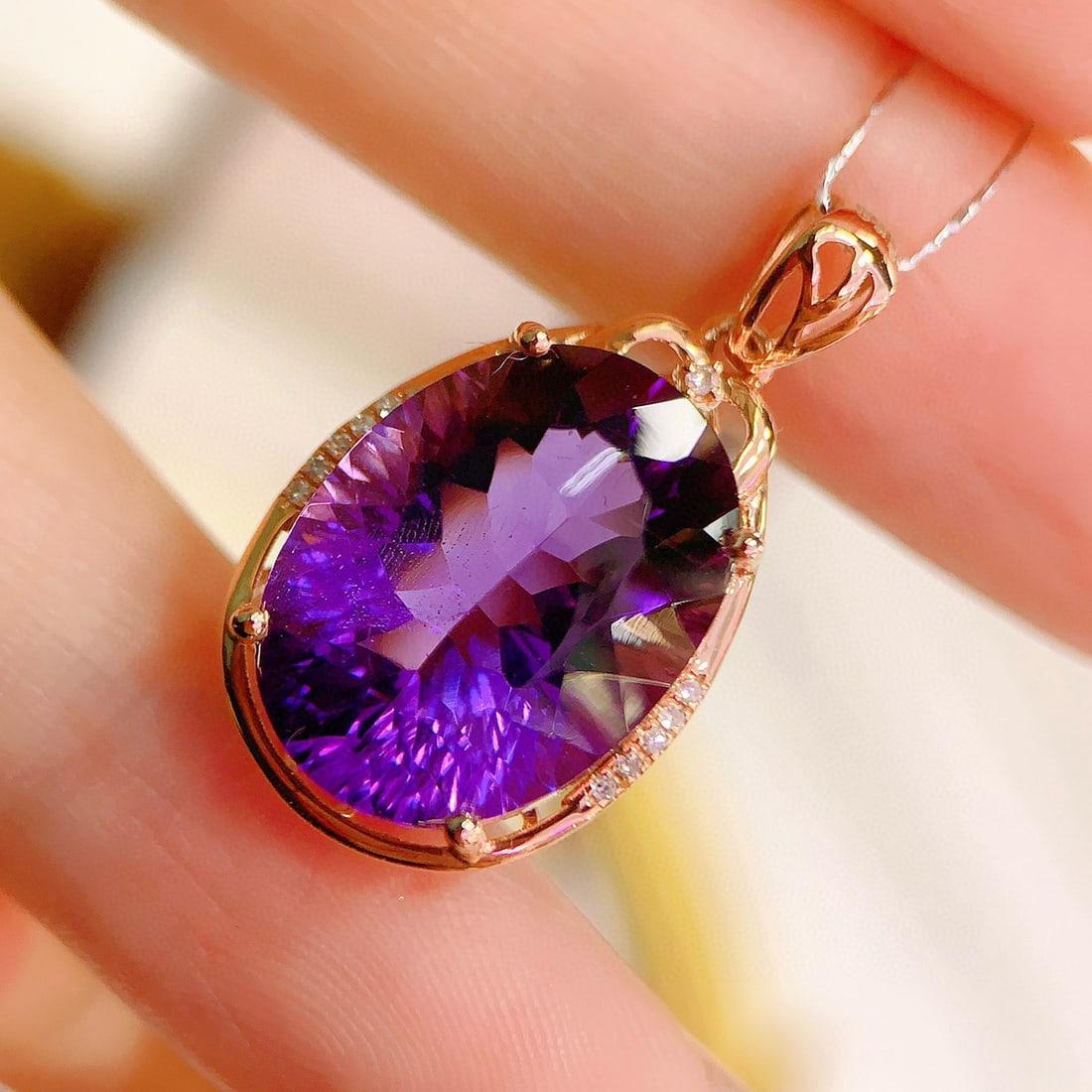 14k Gold 9.18 Ctw Natural Amethyst & Diamond Pendant( Without Chain ) - 2