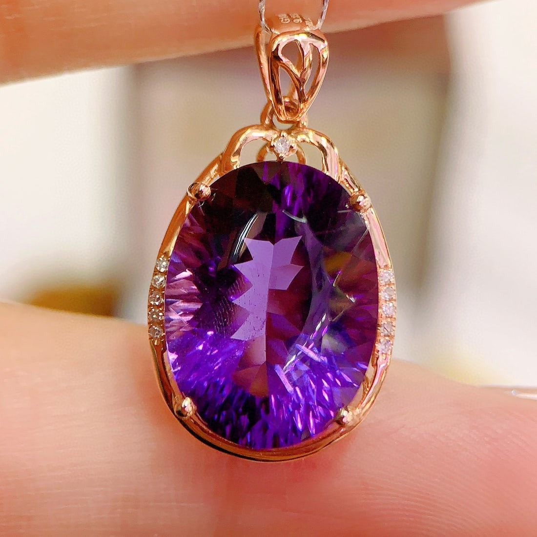 14k Gold 9.18 Ctw Natural Amethyst & Diamond Pendant( Without Chain ) - 3