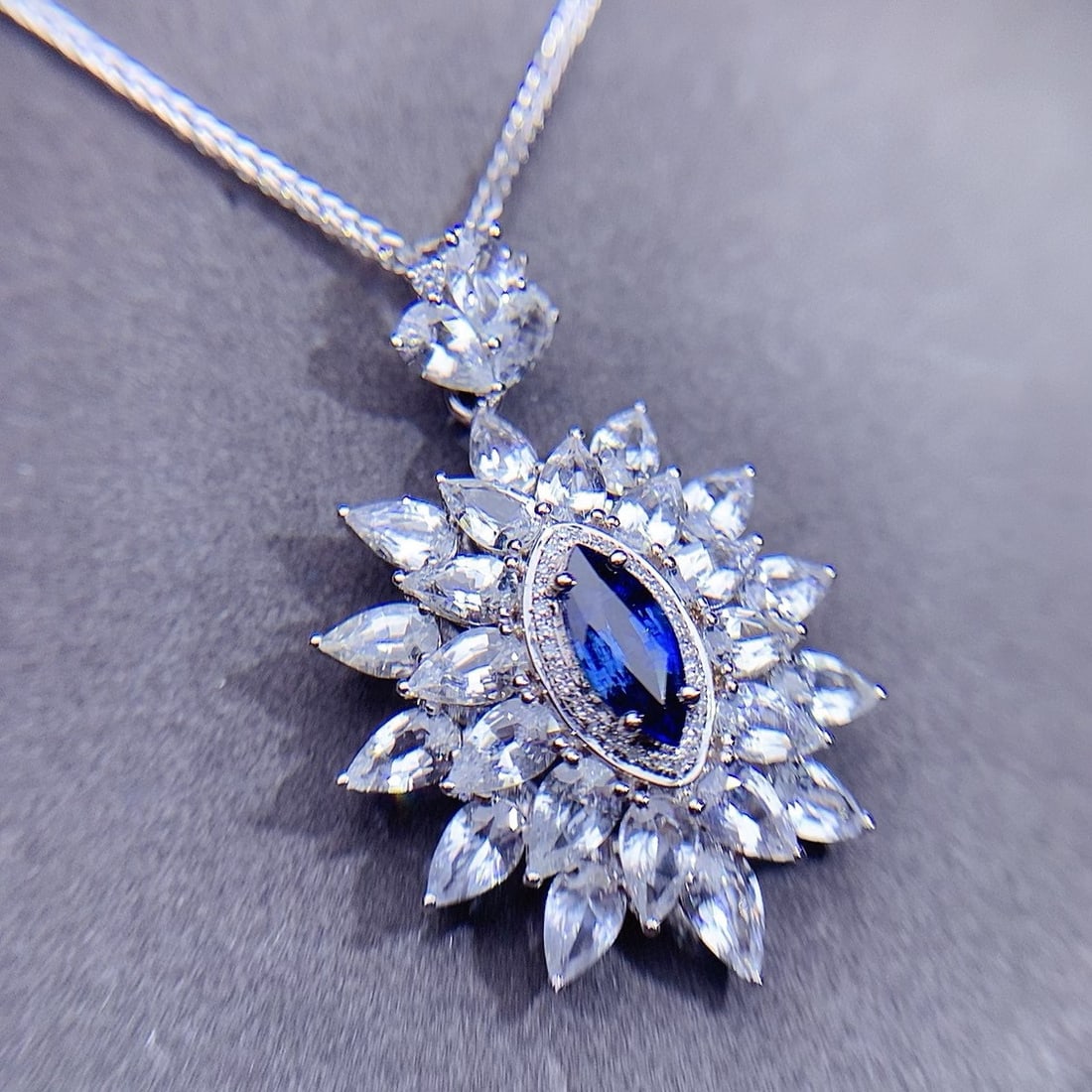 14k Gold 1.10 Ct Natural Sapphire & Diamond & Sapphire Pendant( Without Chain ) - 2