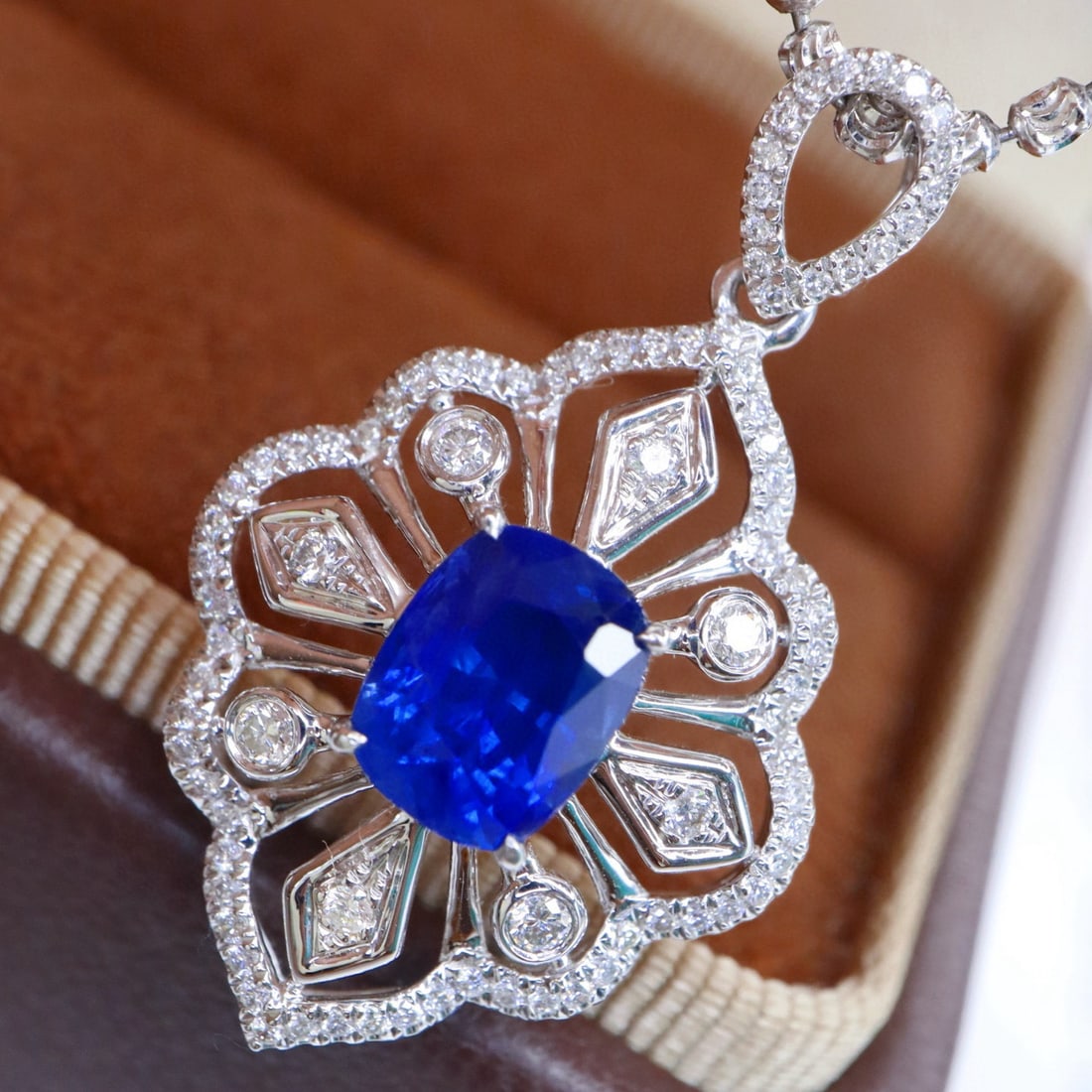 14k Gold 2.08 Ctw Natural Sapphire & Diamond Pendant( Without Chain ): Ref:230937260 // gold content:14k gold // main gemstone:sapphire // shape:cushion // carat weight:1. 76ct // color:royal blue // treatment:natural // // adjacent gemstone 2 : diamond // shape:round