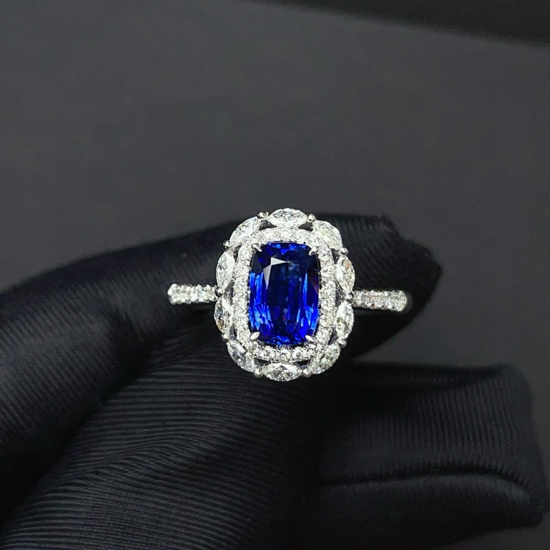 14k Gold 1.45 Ct Natural Sapphire & Diamond Ring: Ref:230938010 // gold content:14k gold // ring size:7. 25us // // main gemstone:sapphire // shape:cushion // carat weight:1. 45ct // color:royal blue // treatment:natural // // adjacent gemstone 2