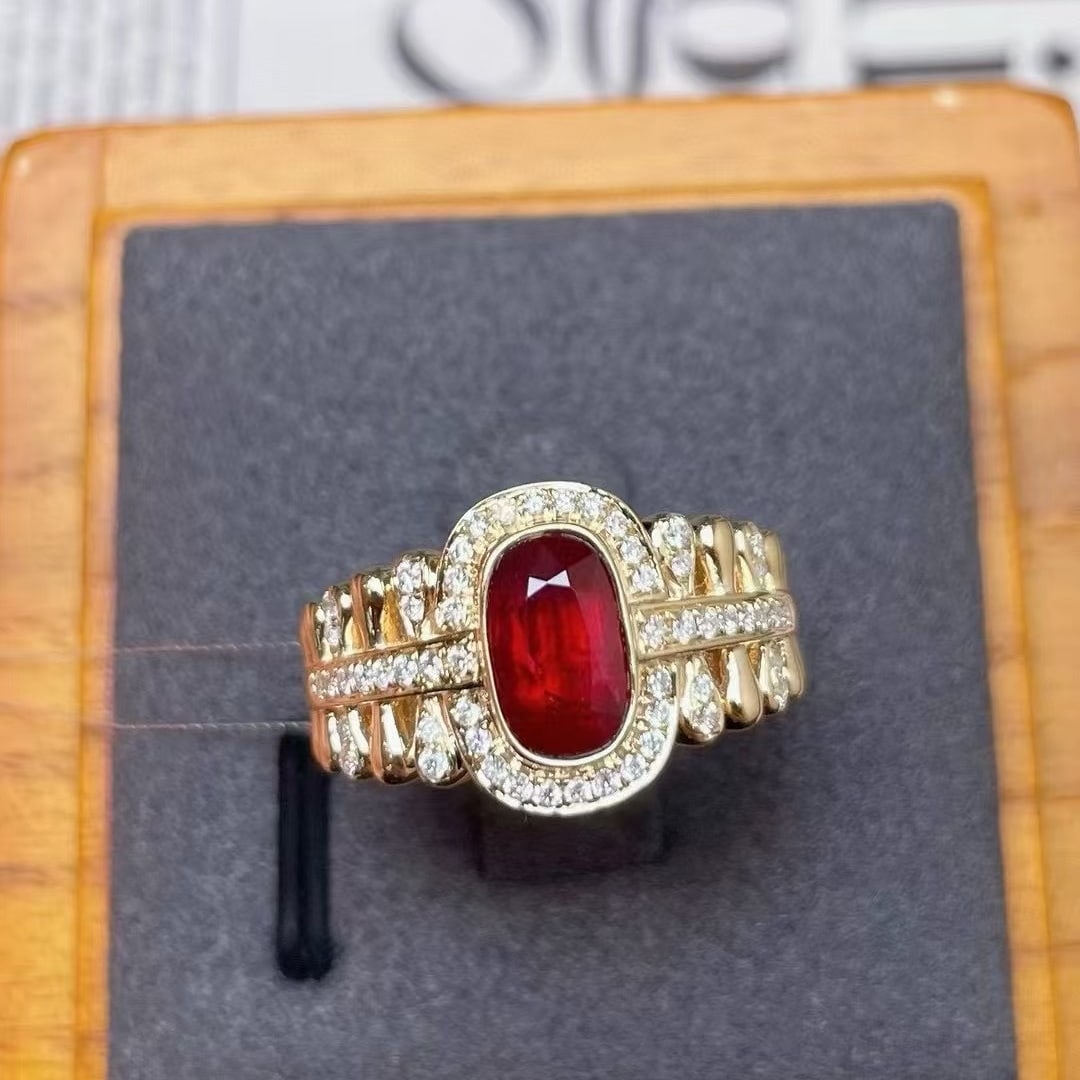 14k Gold 1.76 Ctw Natural Ruby & Diamond Ring: Ref:230938019 // gold content:14k gold // ring size:7. 25us // // main gemstone:ruby // shape:cushion // carat weight:1. 48ct // color:pigeonblood red // treatment:natural // // adjacent gemstone