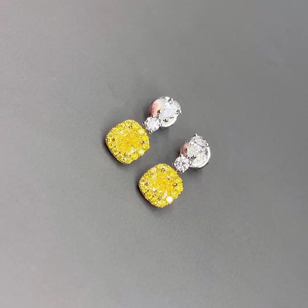14k Gold 1.00 Ctw Natural Yellow Diamond & Diamond Earrings: Ref:230938025 // gold content:14k gold // main gemstone:yellow diamond // shape:cushion // carat weight:0. 58ct // color:yellow // treatment:natural // // adjacent gemstone 2 : diamond //