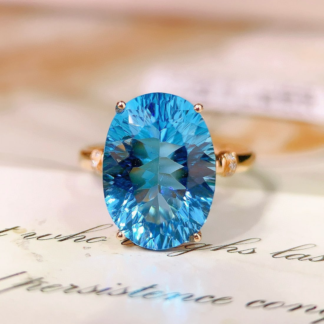 14k Gold 8.38 Ctw Natural Topaz & Diamond Ring: Ref:230938029 // gold content:14k gold // ring size:7. 25us // // main gemstone:topaz // shape:oval // carat weight:8. 35ct // color:blue // treatment:natural // // adjacent gemstone 2 : diamond