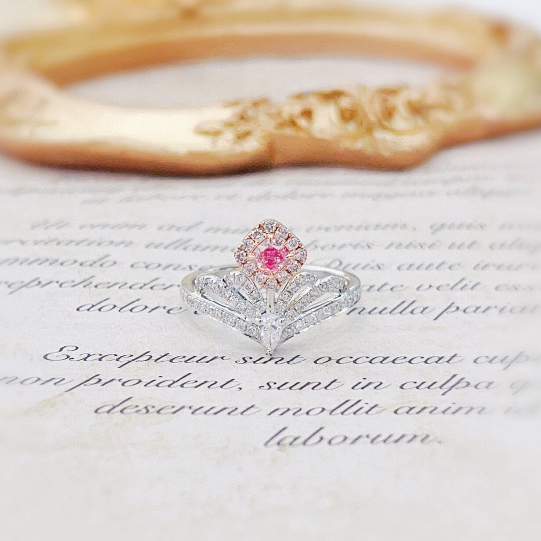 14k Gold 0.58 Ctw Natural Pink Diamond & Diamond Ring: Ref:230938035 // gold content:14k gold // ring size:7. 25us // // main gemstone:pink diamond // shape:cushion // carat weight:0. 19ct // color:pink // treatment:natural // // adjacent gemstone 2 : dia