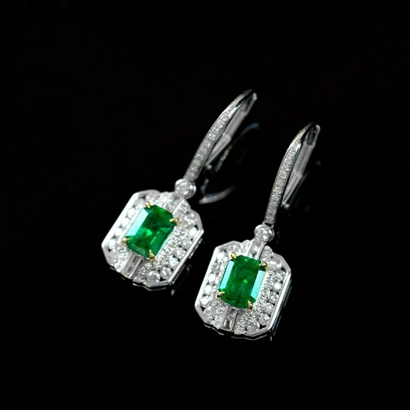 14k Gold 1.62 Ctw Vivid Green Natural Emerald & Diamond Earrings - 3