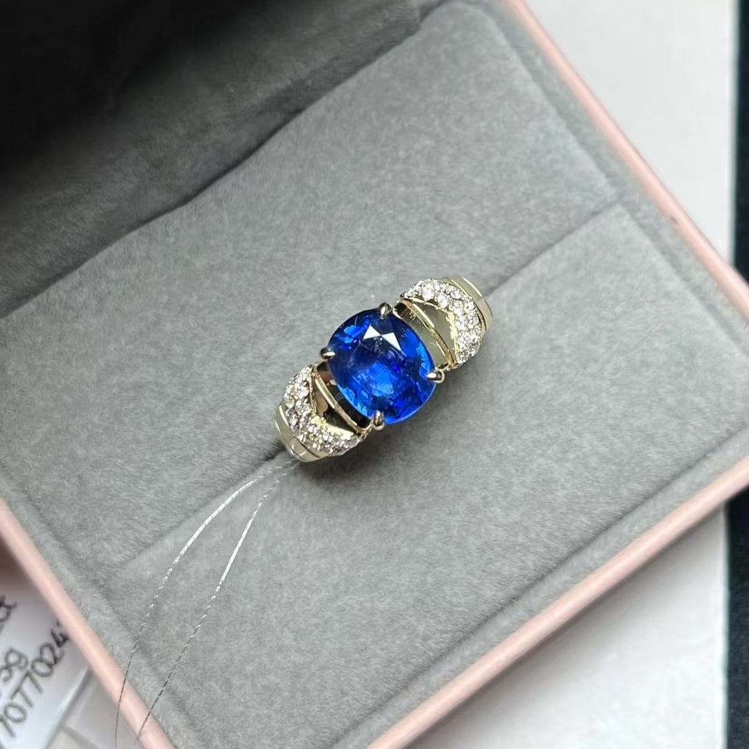 14k Gold 2.49 Ctw Natural Sapphire & Diamond Ring: Ref:230938047 // gold content:14k gold // ring size:7. 25us // // main gemstone:sapphire // shape:cushion // carat weight:2. 24ct // color:royal blue // treatment:natural // // adjacent gemstone 2