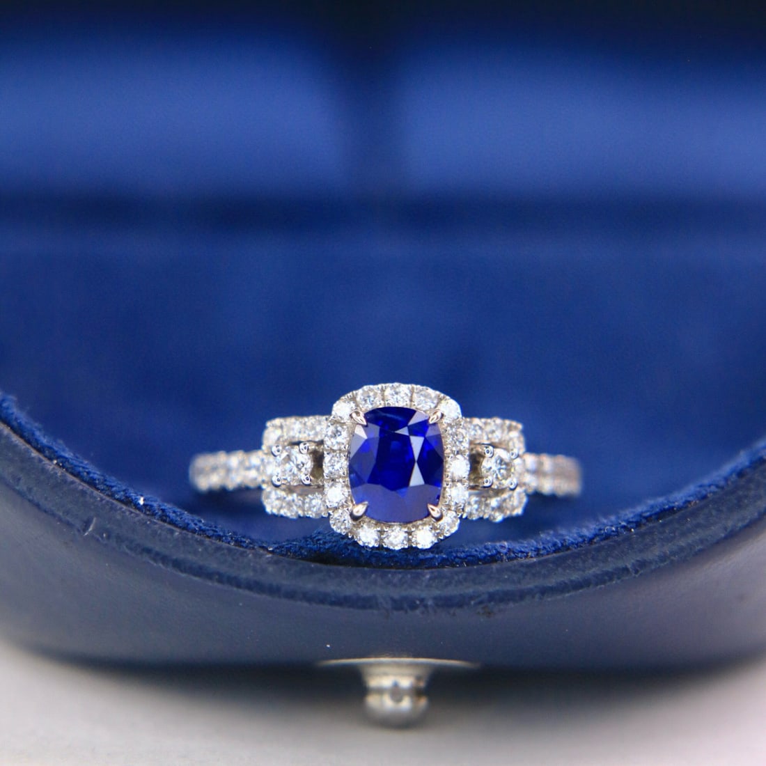 14k Gold 1.56 Ctw Natural Sapphire & Diamond Ring: Ref:230938054 // gold content:14k gold // ring size:7. 25us // // main gemstone:sapphire // shape:cushion // carat weight:1. 11ct // color:royal blue // treatment:natural // // adjacent gemstone 2