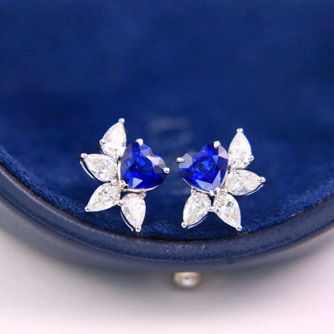 14k Gold 2.48 Ctw Natural Sapphire & Diamond Earrings: Ref:230938061 // gold content:14k gold // main gemstone:sapphire // shape:heart // carat weight:1. 62ct // color:royal blue // treatment:natural // // adjacent gemstone 2 : diamond // shape:pear //