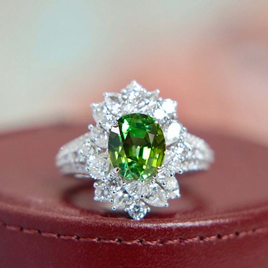 14k Gold 5.39 Ctw Natural Tourmaline & Diamond Ring: Ref:230938062 // gold content:14k gold // ring size:7. 25us // // main gemstone:tourmaline // shape:oval // carat weight:3. 4ct // color:green // treatment:natural // // adjacent gemstone 2 :