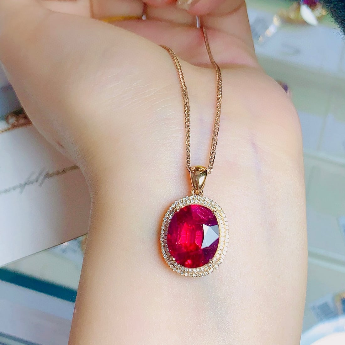 14k Gold 6.61 Ctw Natural Tourmaline & Diamond Pendant( Without Chain ) - 4