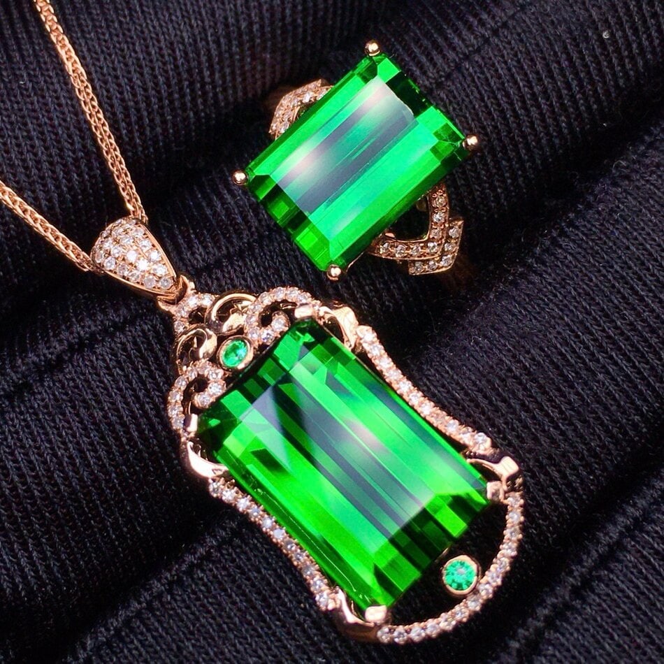 14k Gold 13.62 Ct Natural Tourmaline & Diamond Jewelry Set - 2