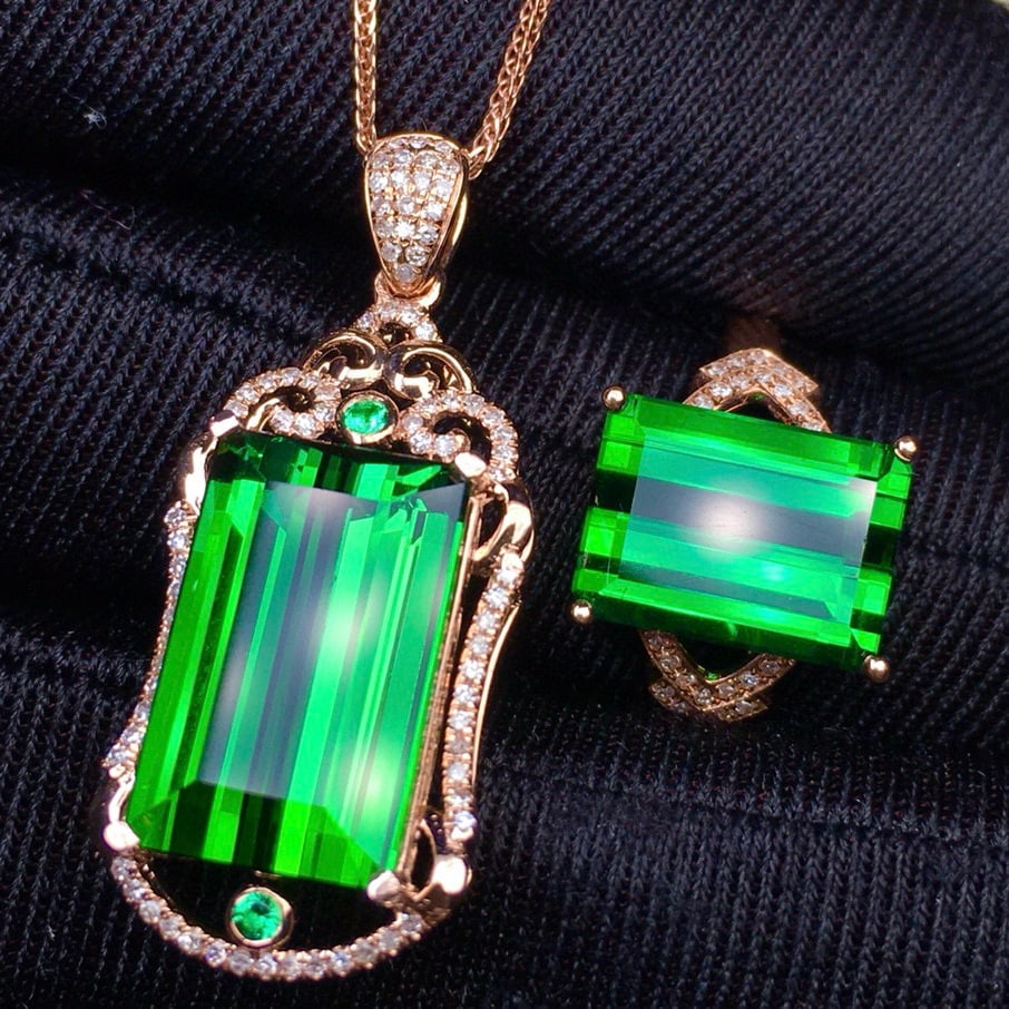 14k Gold 13.62 Ct Natural Tourmaline & Diamond Jewelry Set - 3