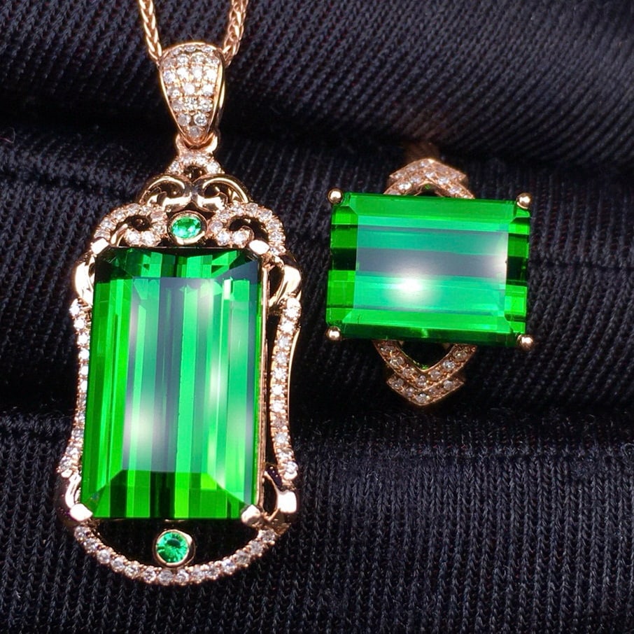 14k Gold 13.62 Ct Natural Tourmaline & Diamond Jewelry Set - 4