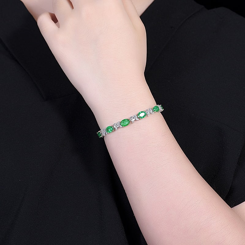 14k Gold 9.83 Ctw Vivid Green Natural Emerald & Sapphire Bracelet - 2