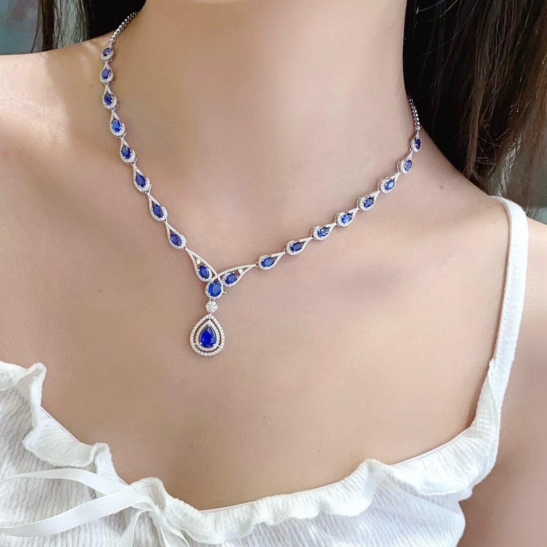 14k Gold 9.24 Ctw Natural Sapphire & Diamond Necklace - 5